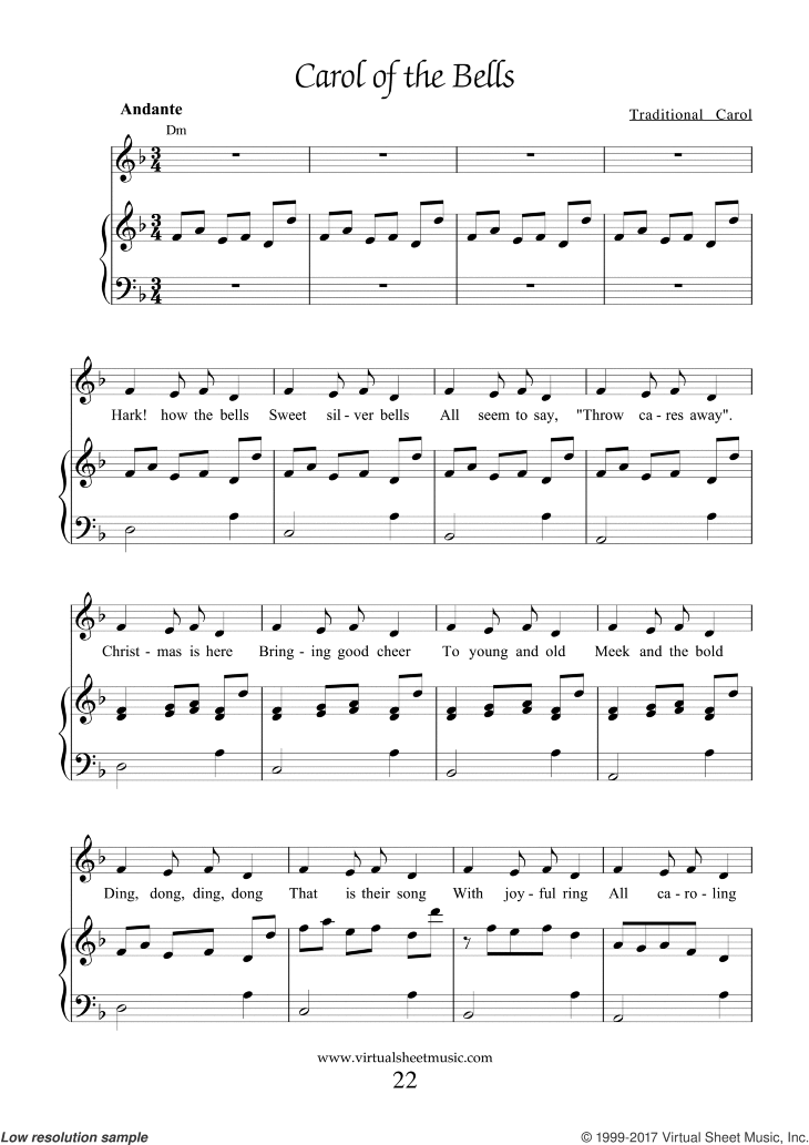 Free Carol of the Bells Sheet Music with Lyrics and Mp3 audio