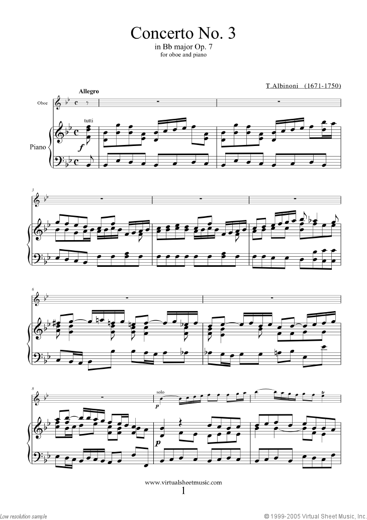 Concerto Op.7 No.3 sheet music for oboe and piano by Albinoni