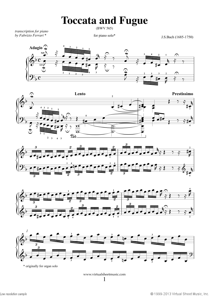 Toccata & Fugue in D minor BWV 565 sheet music for piano by Bach