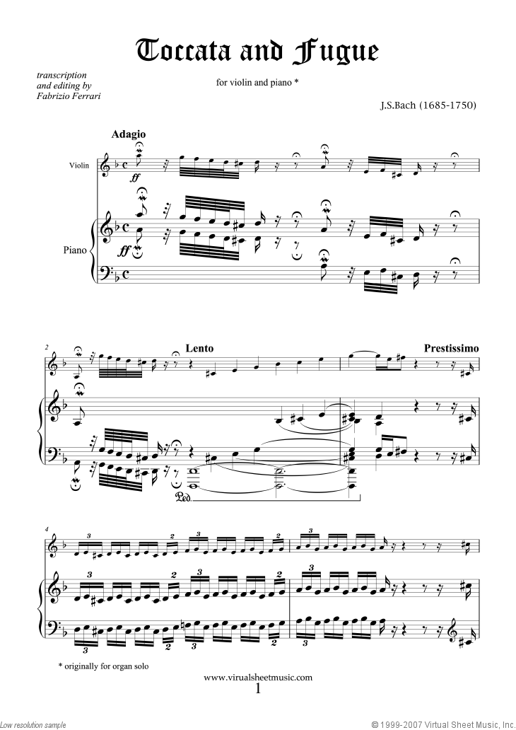 Toccata & Fugue in D minor BWV 565 sheet music for violin and piano by Bach