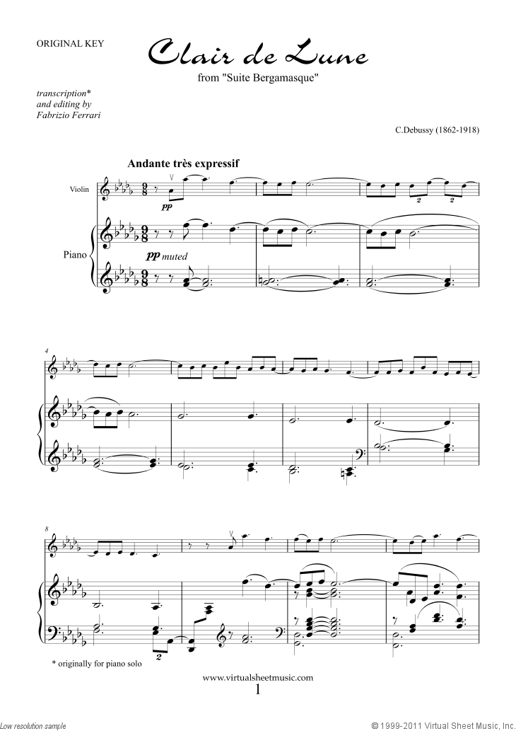 Clair de Lune sheet music for violin and piano by Debussy