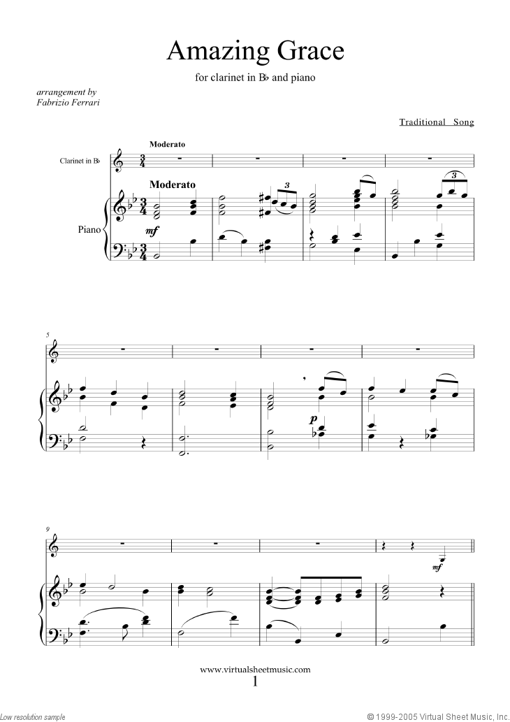 Amazing Grace sheet music for clarinet and piano