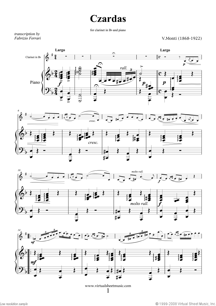 Monti - Czardas, gypsy airs sheet music for clarinet and piano