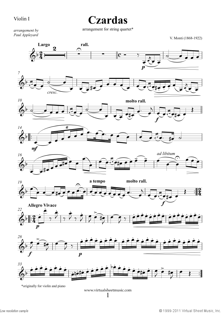Monti - Czardas, easy gypsy airs (parts) sheet music for string quartet
