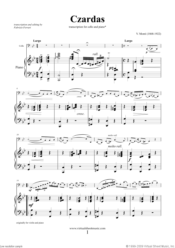 Monti - Czardas, easy gypsy airs sheet music for cello and piano