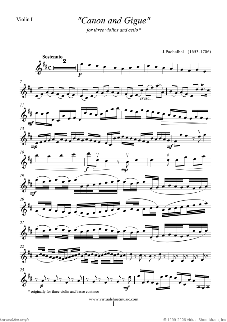 Canon in D & Gigue (parts) sheet music for three violins and cello by