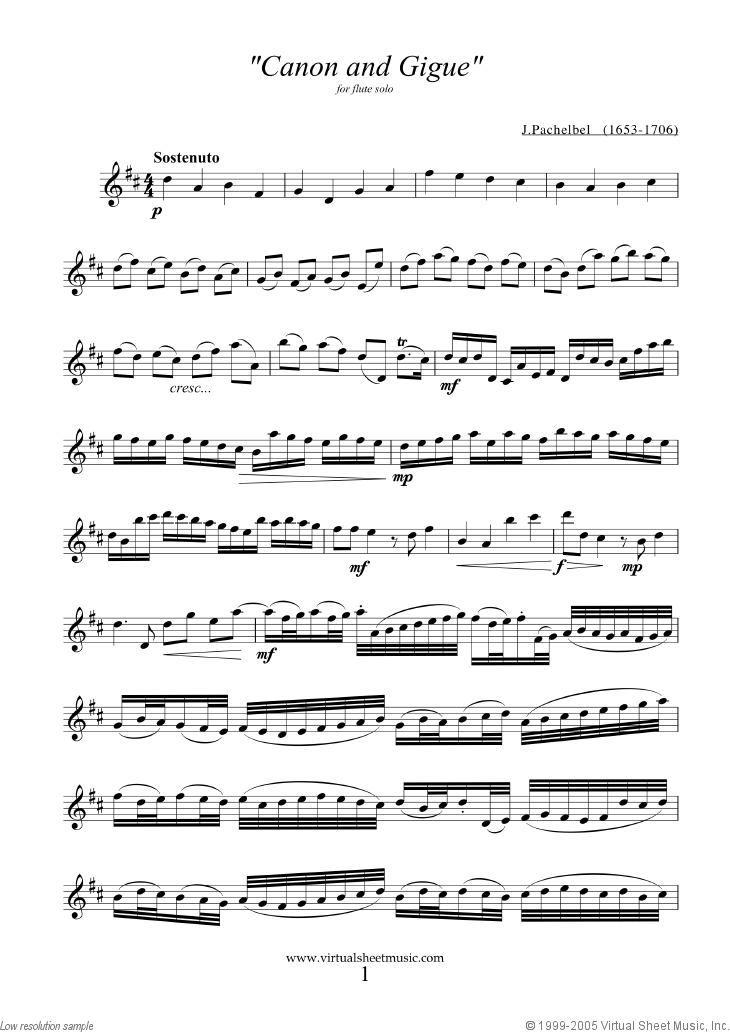Canon in D & Gigue sheet music for flute solo by Pachelbel