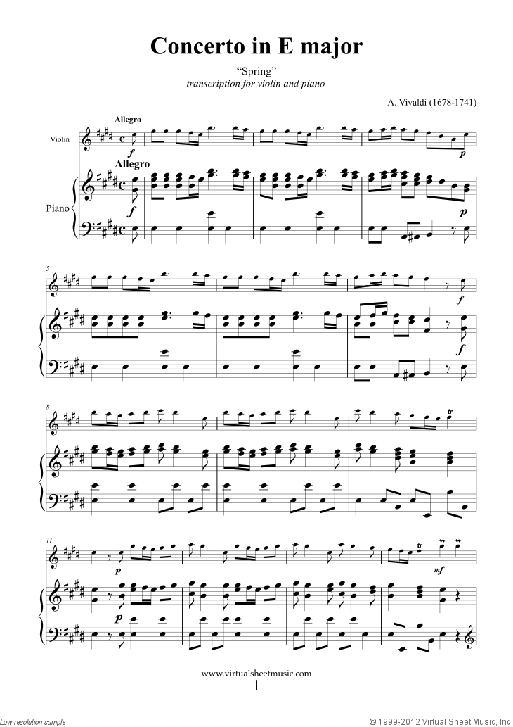 Concerto "Spring" sheet music for violin and piano by Vivaldi