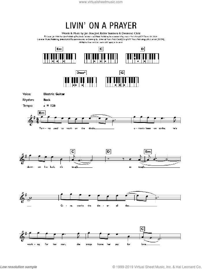 Jovi - Livin' On A Prayer sheet music (intermediate) for piano solo