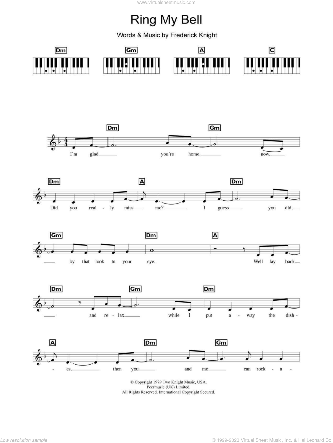 Ward Ring My Bell sheet music for piano solo (chords, lyrics, melody)