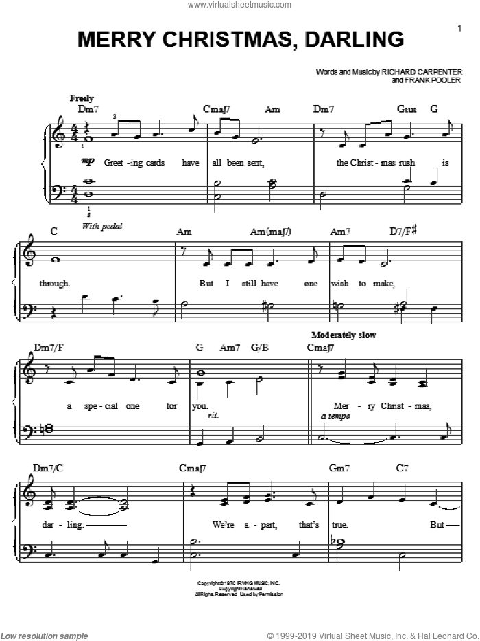 Merry Christmas, Darling sheet music for piano solo (chords) by ...