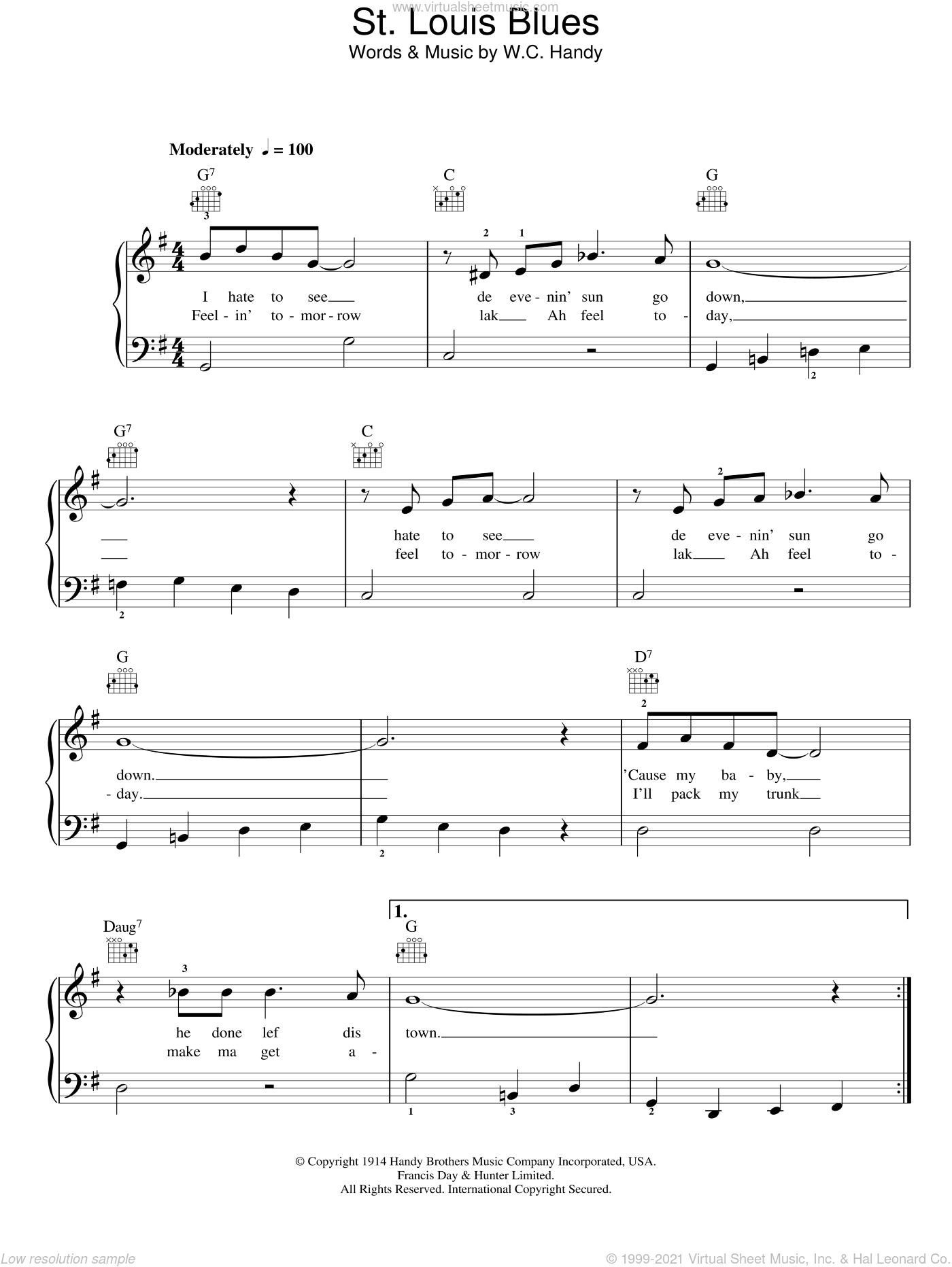 Handy - St. Louis Blues, (easy) sheet music for piano solo [PDF]
