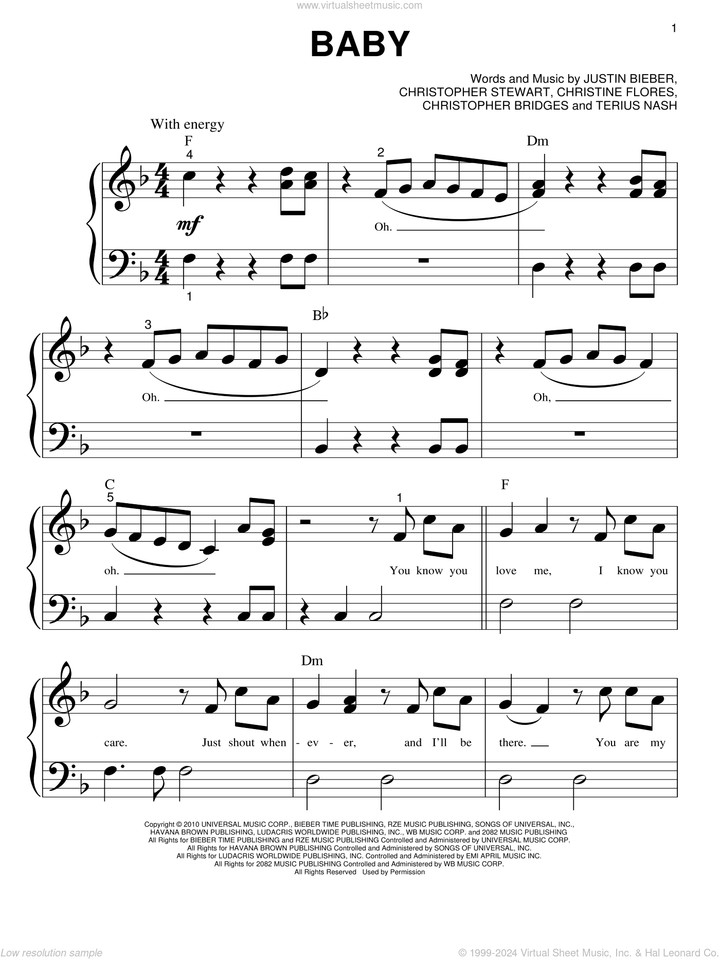 Bieber - Baby sheet music for piano solo (big note book)