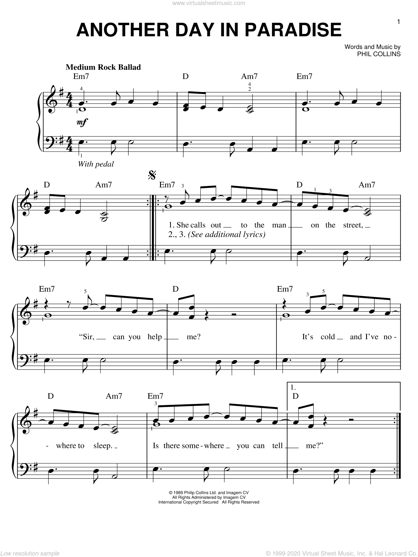 Collins - Another Day In Paradise sheet music for piano solo - Phil Collins Another Day In Paradise Letra