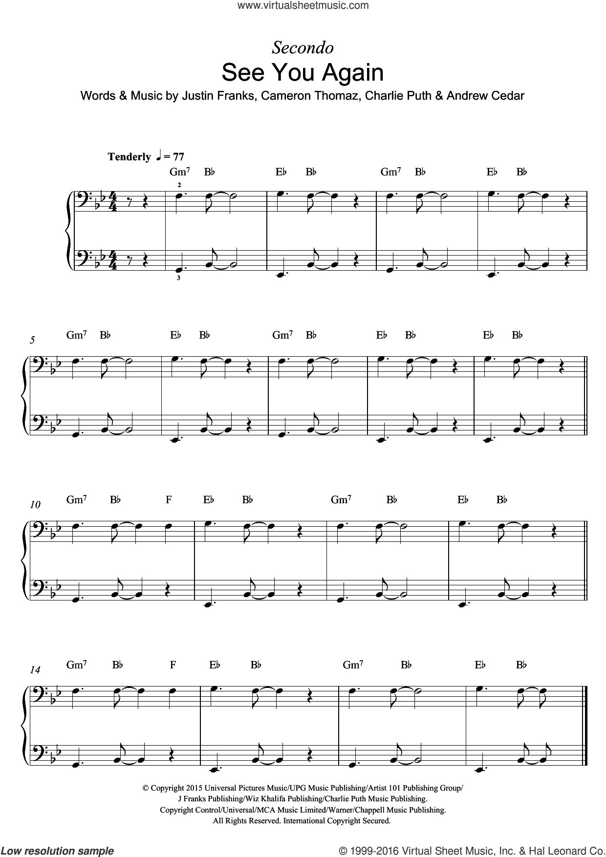 Khalifa See You Again (featuring Charlie Puth) sheet music for piano solo