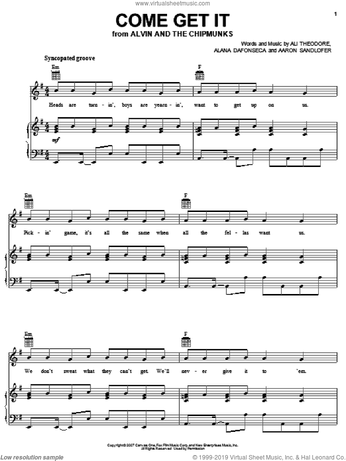 Chipmunks - Come Get It sheet music for voice, piano or guitar
