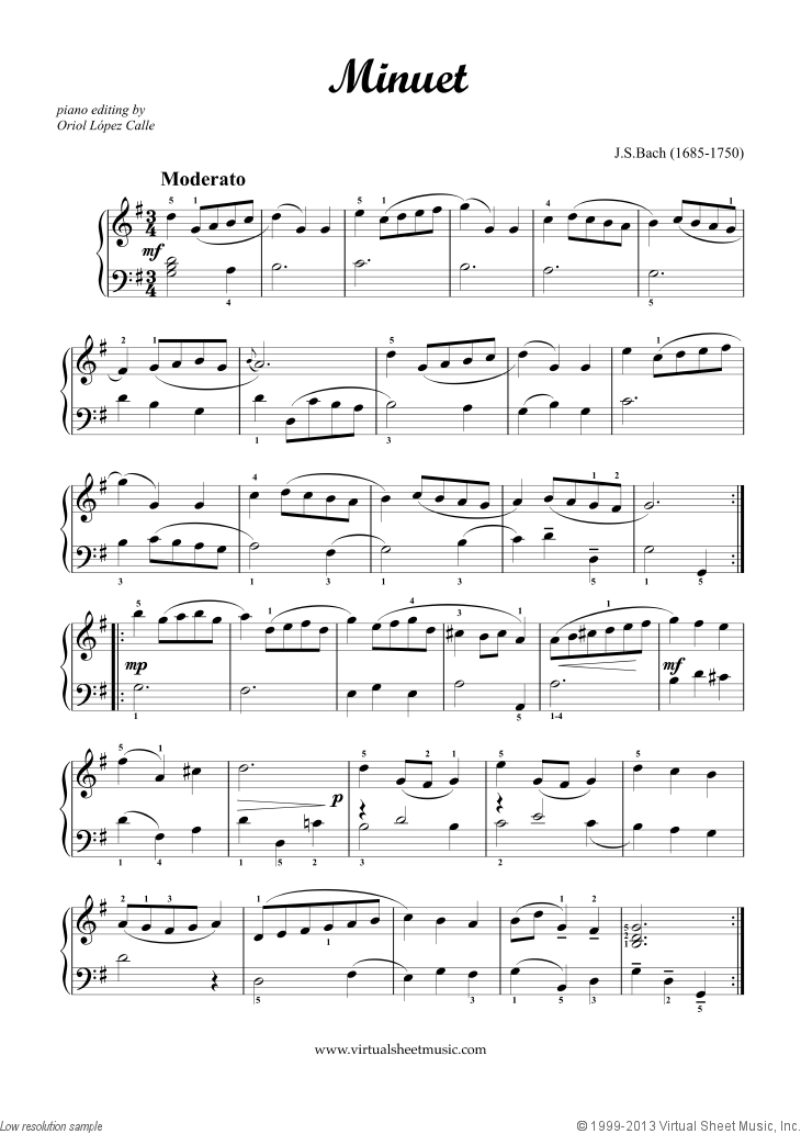 Free Bach - Minuet in G sheet music for piano solo [PDF]