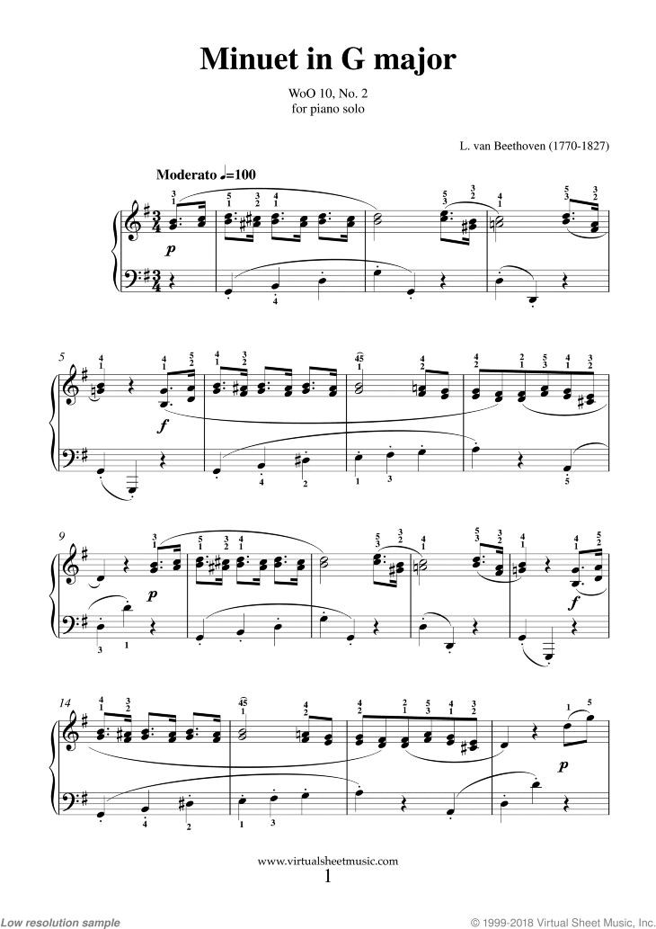Beethoven - Minuet in G sheet music for piano solo [PDF]