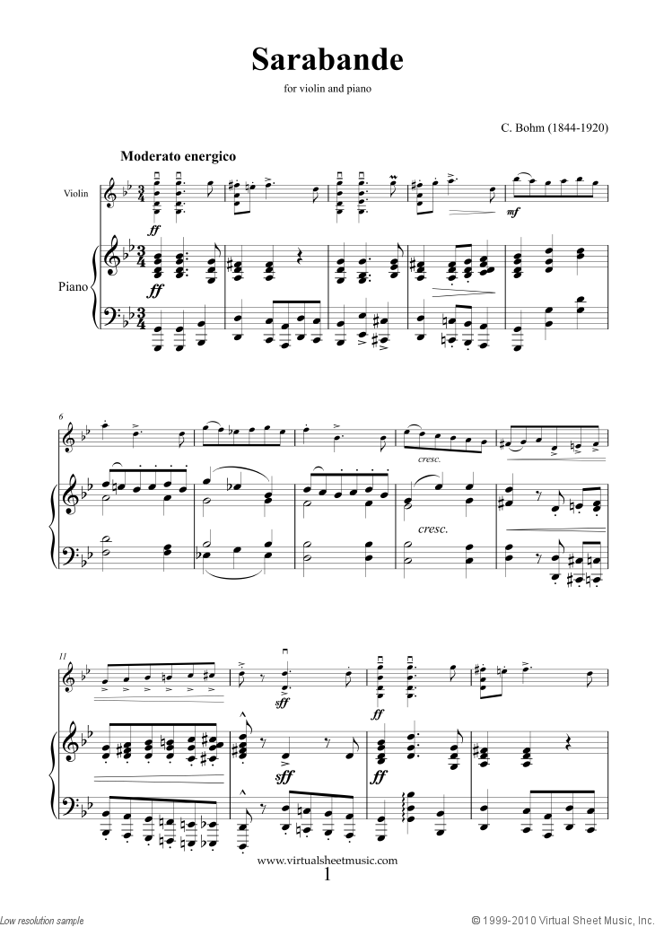 Bohm - Sarabande sheet music for violin and piano