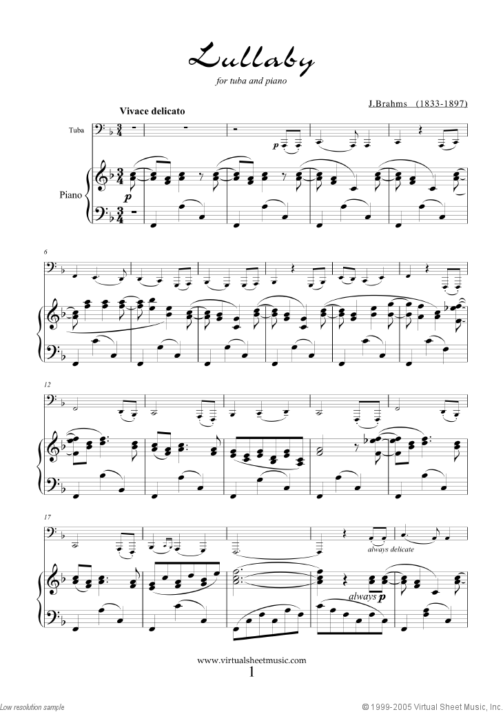 Brahms - Lullaby Op. 49 No. 4 sheet music for tuba and piano
