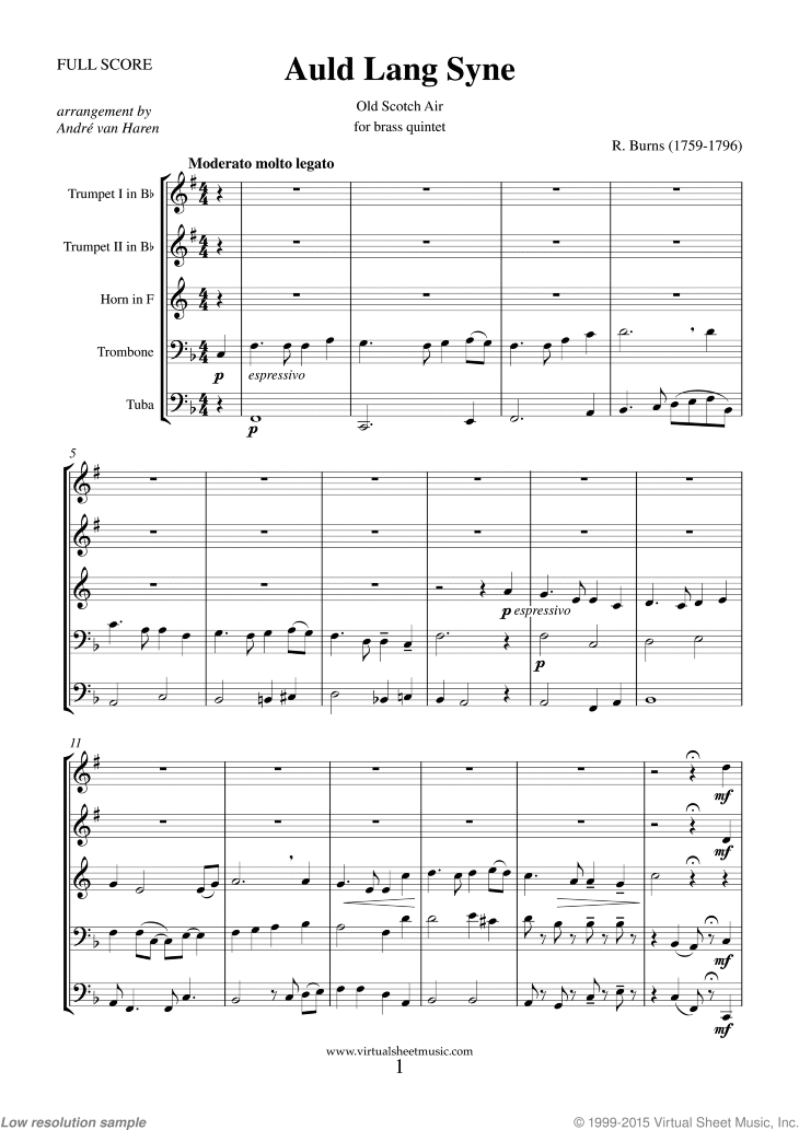 Burns - Auld Lang Syne sheet music for brass quintet [PDF]