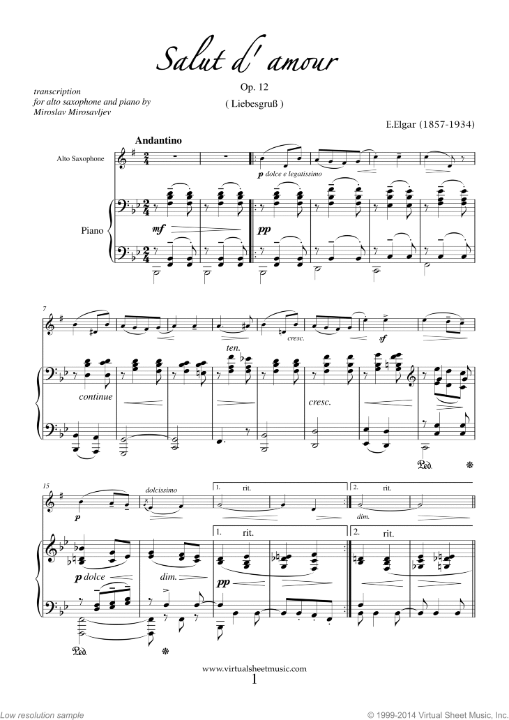 Elgar - Salut d' Amour Op.12 sheet music for alto saxophone and piano