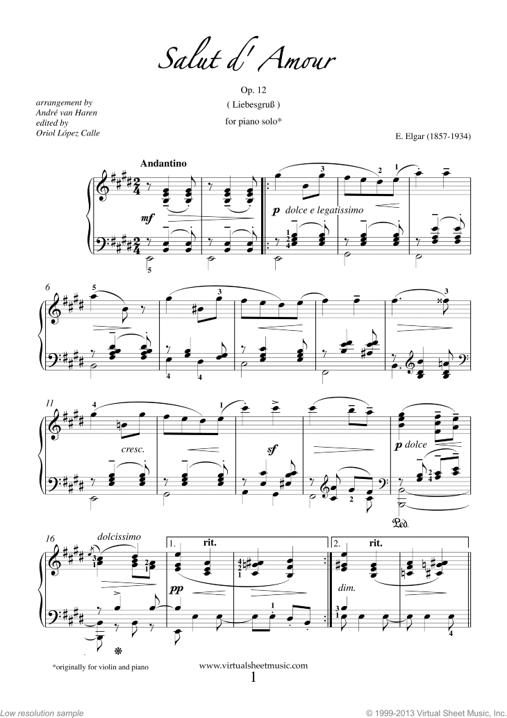 Elgar - Salut d' Amour Op.12 sheet music for piano solo [PDF]