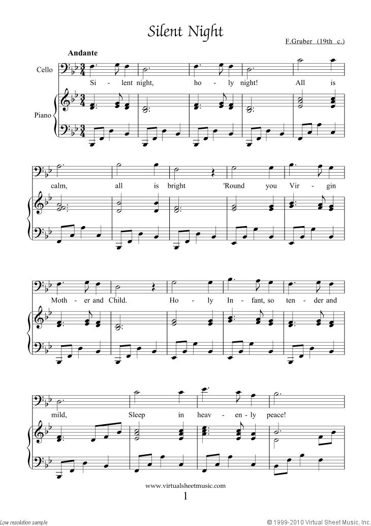 Free Silent Night sheet music for cello and piano - High Quality
