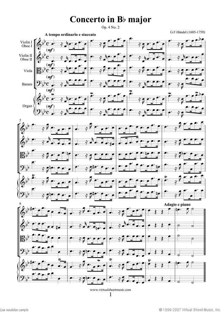 Handel - Concerto in Bb major Op.4 No.2 (f.score) sheet music for organ