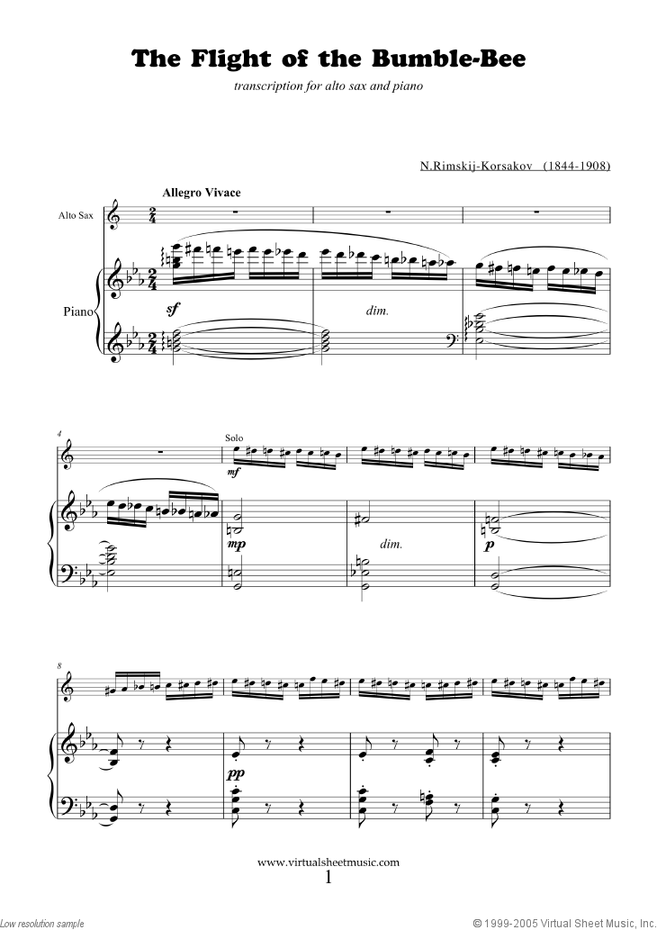 Rimsky-Korsakov - The Flight of the Bumblebee sheet music for alto saxophone and piano