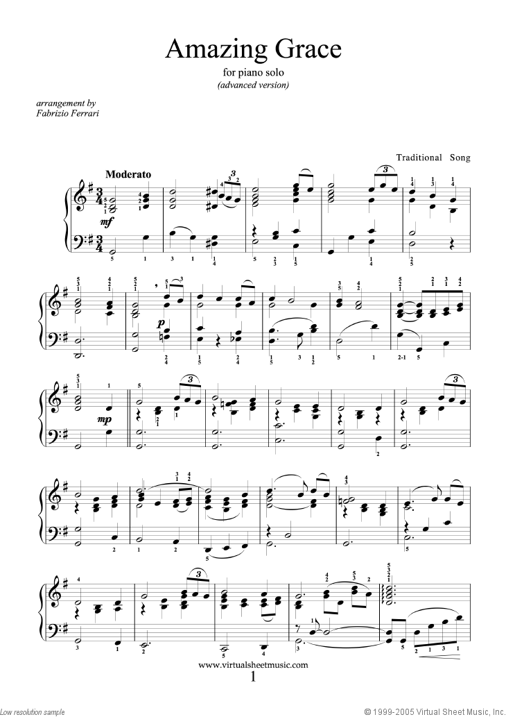 Amazing Grace sheet music download for piano solo