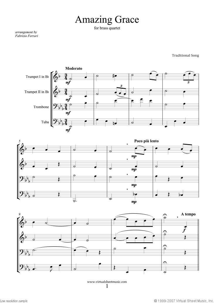 Amazing Grace sheet music for brass quartet [PDF-interactive]