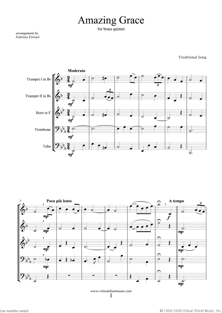 Amazing Grace sheet music for brass quintet [PDF-interactive]