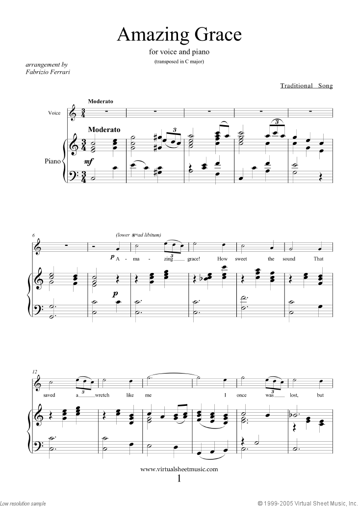 Amazing Grace (in C) sheet music for voice and piano [PDF]