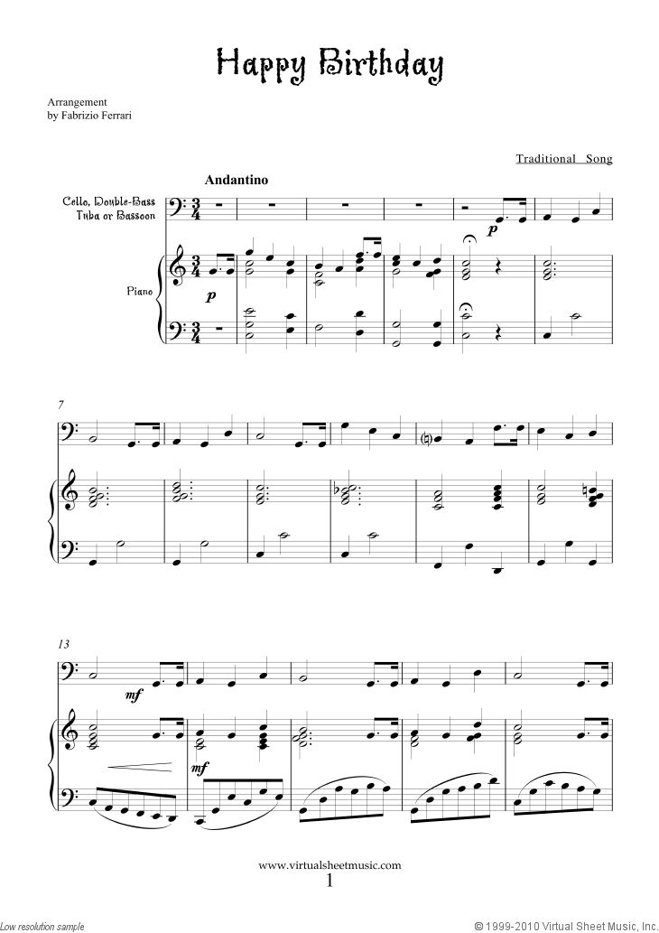 Free Happy Birthday sheet music for cello or other ...