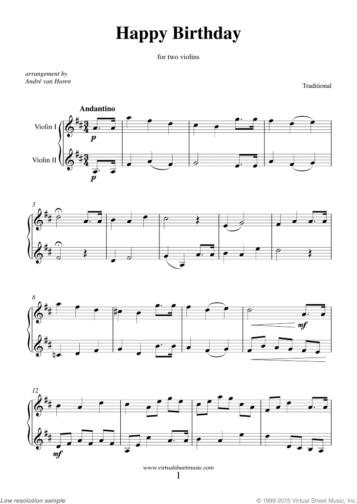 Happy Birthday sheet music for two violins [PDF-interactive]
