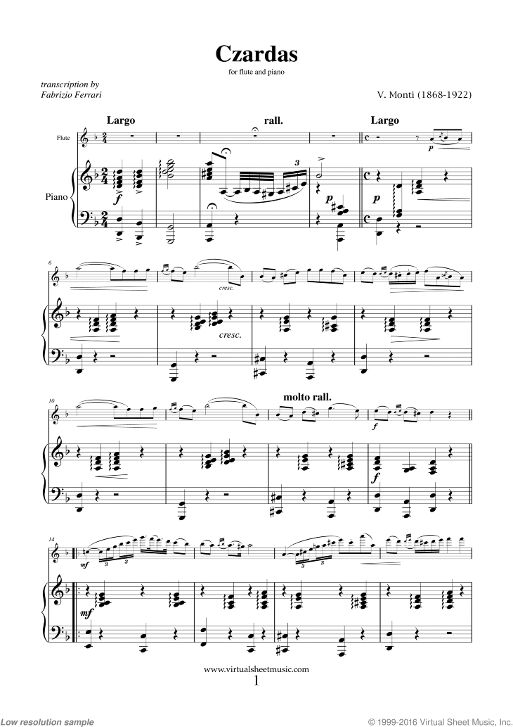 Monti - Czardas, gypsy airs sheet music for flute and piano [PDF]