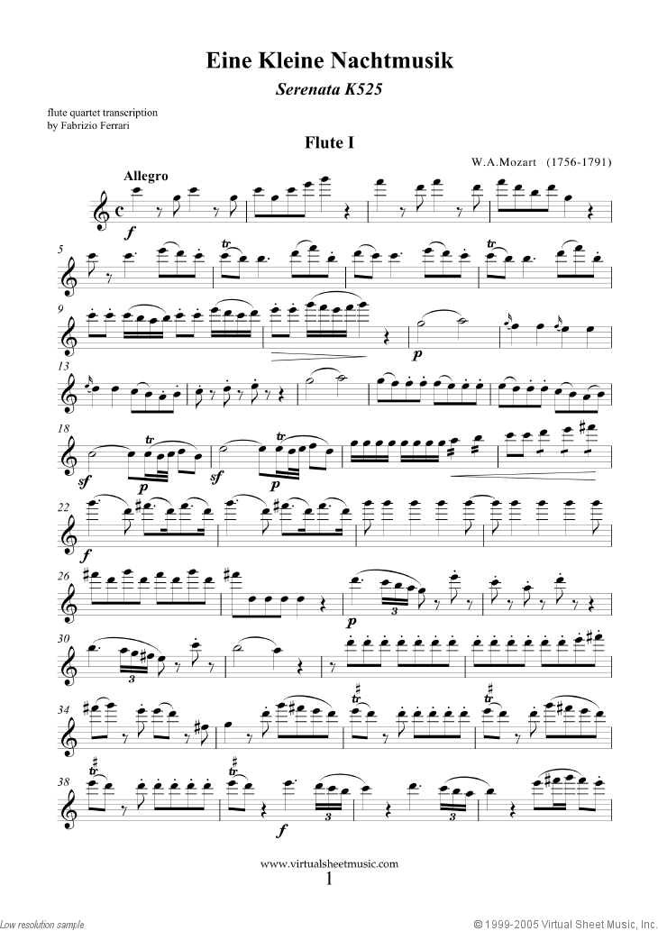 Mozart - Eine Kleine Nachtmusik sheet music for flute quartet