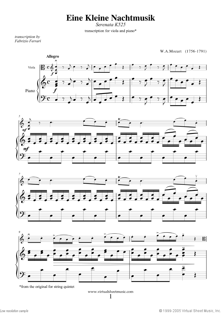 Mozart - Eine Kleine Nachtmusik sheet music for viola and ...