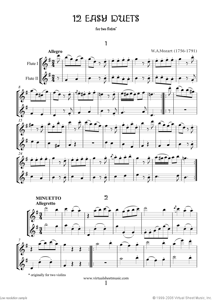 Mozart - Easy Duets sheet music for two flutes [PDF]