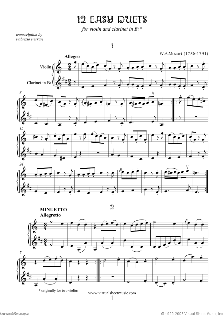 Mozart - Easy Duets sheet music for violin and clarinet
