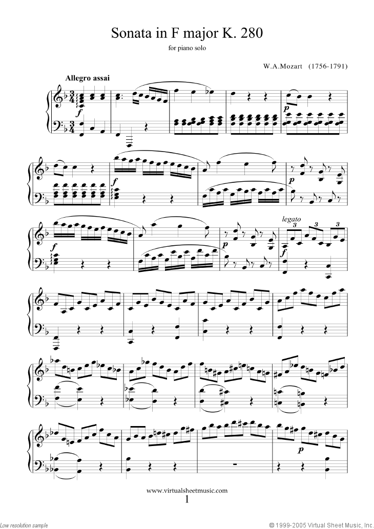 Mozart - Piano Sonata in F major K280 sheet music for piano solo