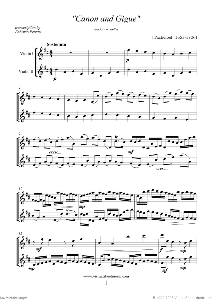 Pachelbel - Canon in D sheet music for two violins PDF