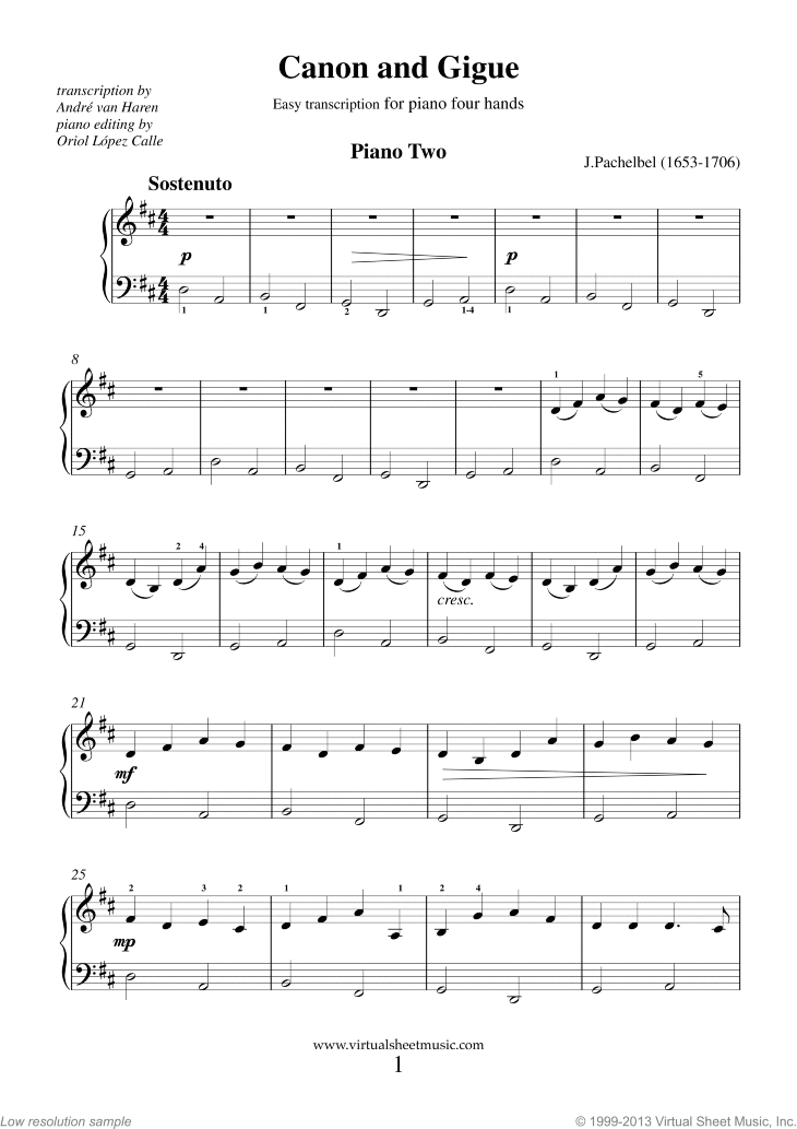 Pachelbel - Canon in D sheet music for piano four hands [PDF]
