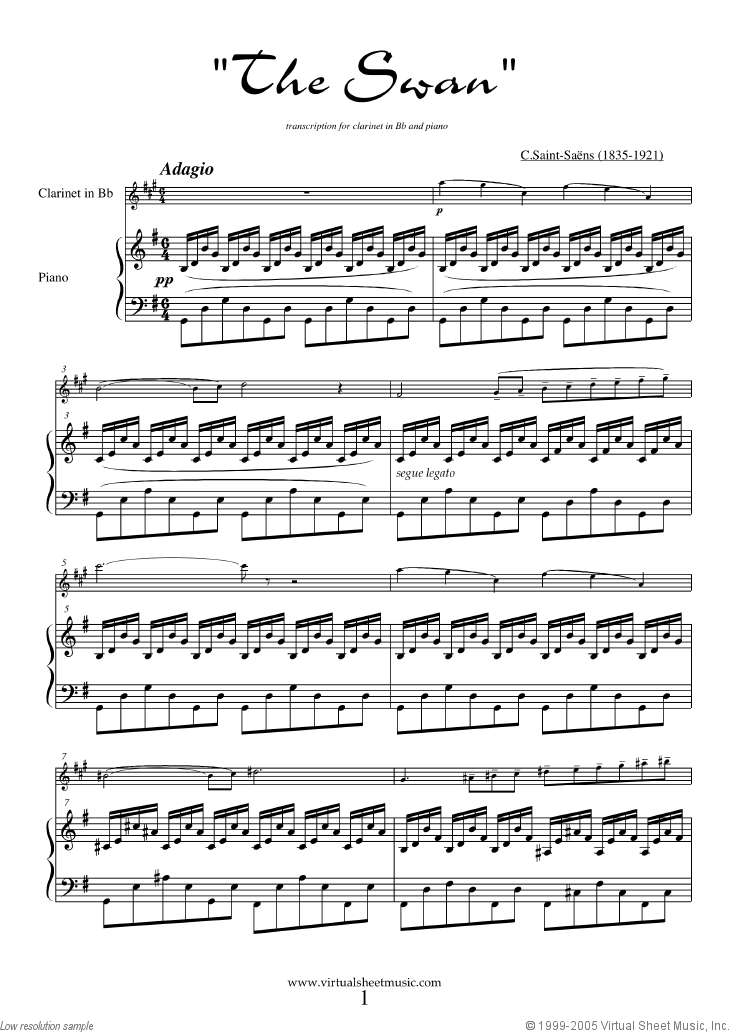 Saint-Saens - The Swan sheet music for clarinet and piano [PDF]