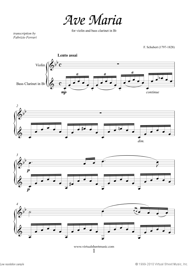 Schubert - Ave Maria sheet music for violin and bass clarinet