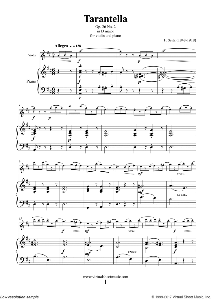 Seitz - Tarantella in D major Op. 26 No. 2 sheet music for violin and piano