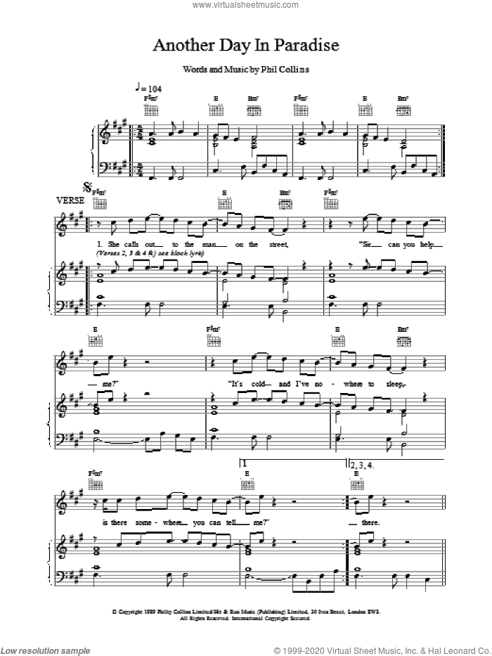 Collins - Another Day In Paradise sheet music for voice, piano or guitar - Phil Collins Another Day In Paradise Letra