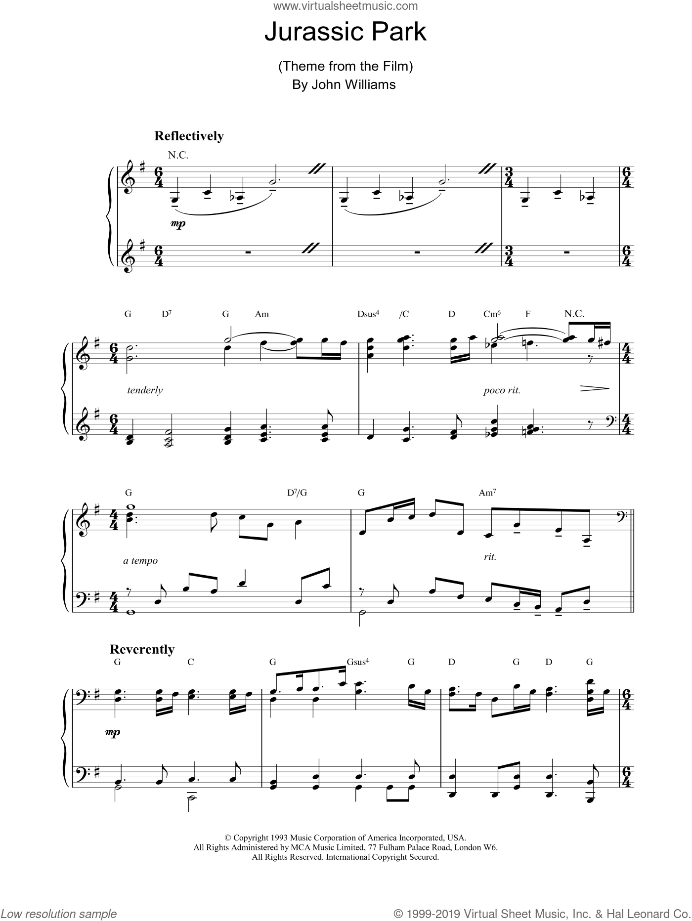 Williams - Jurassic Park sheet music (intermediate) for piano solo