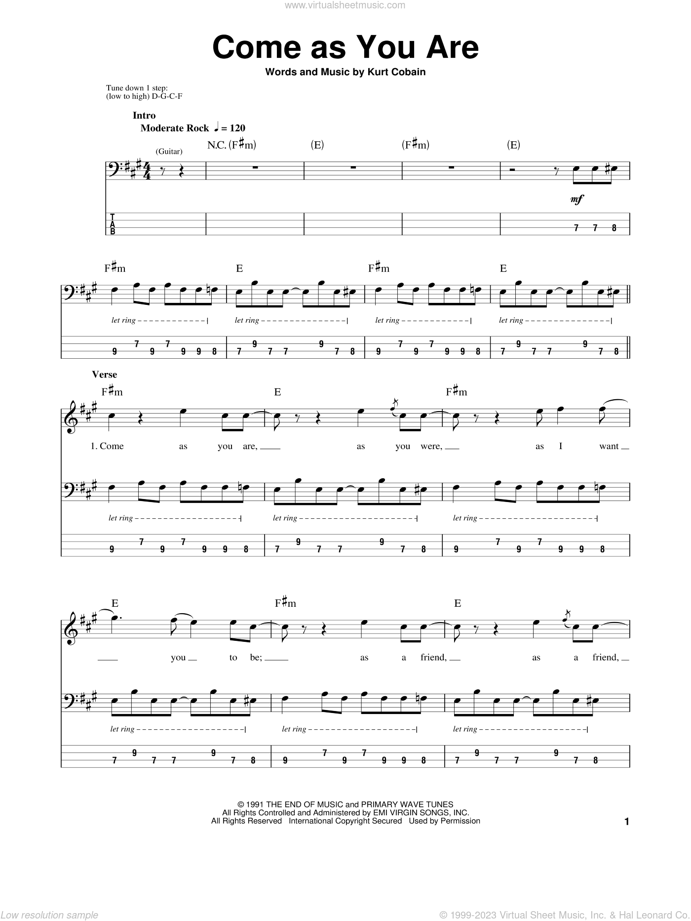 Nirvana - Come As You Are sheet music for bass (tablature ...